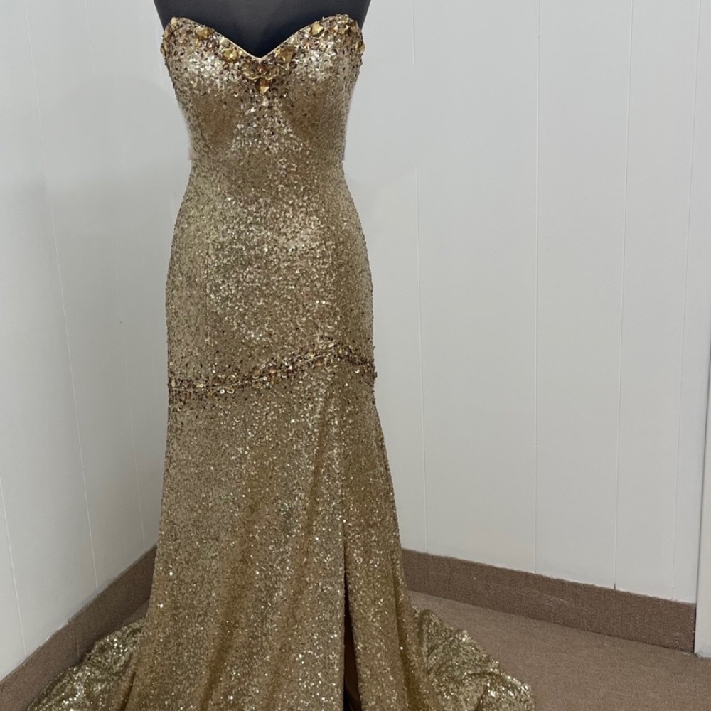 Val Stefani Moonlight Design Gold Sequin Strapless Gown Size 8 Prom Pageant NWT